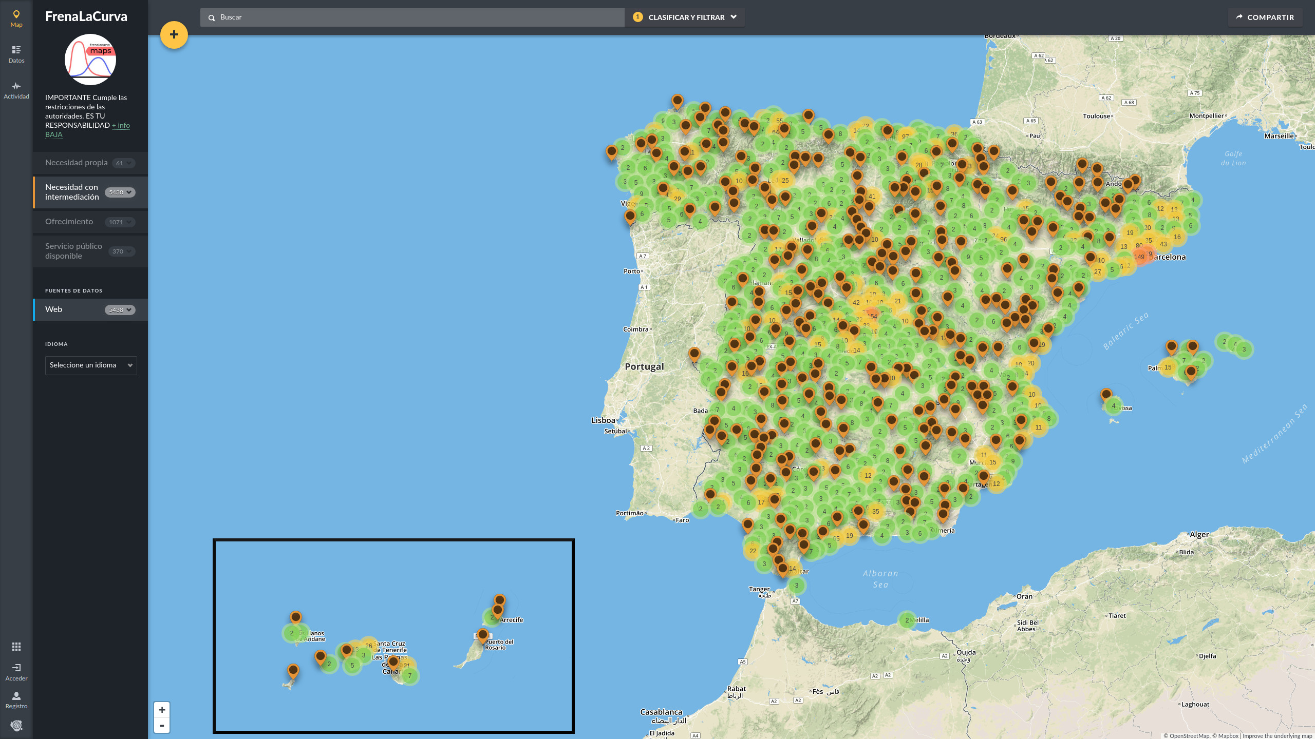 Aspecto del mapa de España mostrando todas las 5400 residencias de mayores